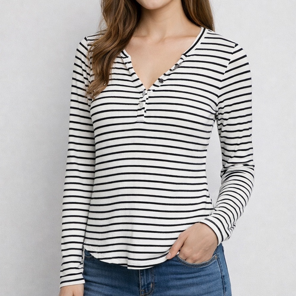 White House Black Market Striped Ribbed Women’s L Henley Top